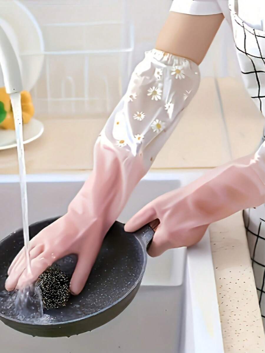 1 Pair Long Sleeve PVC Cleaning Gloves, Waterproof Kitchen Dishwashing Gloves, Non-Slip Household Gloves, Durable Laundry Gloves, Cleaning Supplies And Tools