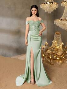Alisa&Leo 少女露肩亮片晚礼服 - 合身亮片紧身胸衣，侧开衩，不对称拖尾，适合毕业典礼、舞会、婚礼和高端晚会 - 綠色 - 查看 3