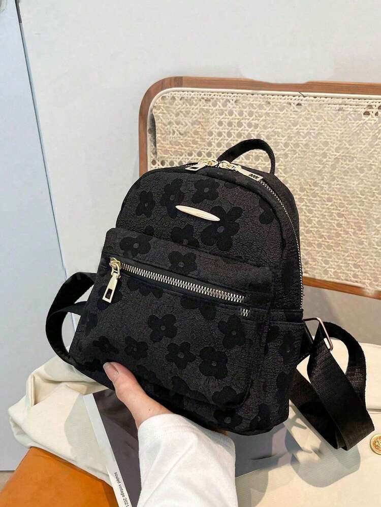 Mochila mini con estampado floral de graffiti, adecuada para mujeres para viajes, calle, compras, minimalista y versátil - Negro - Añade 2