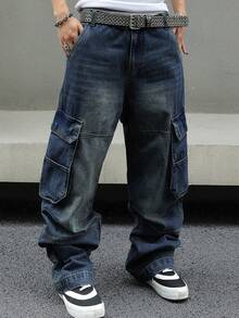 Men's Baggy Denim Cargo Pants Loose Fit Streetwear Wide Leg Workwear Style With Large Side Pockets - 深色水洗藍 - 查看 1