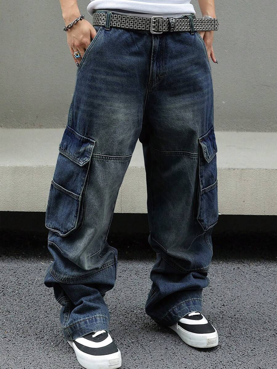 Men's Baggy Denim Cargo Pants Loose Fit Streetwear Wide Leg Workwear Style With Large Side Pockets - 深色水洗藍 - 查看 1