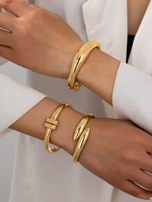 3 件套简约镂空几何粗细精致光滑金手链套装，时尚优雅 - 金黃色 - 查看 1