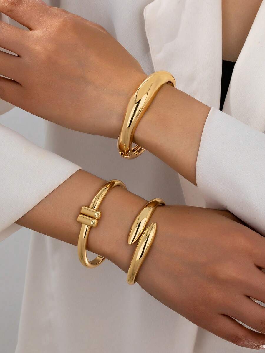 3 件套简约镂空几何粗细精致光滑金手链套装，时尚优雅 - 金黃色 - 查看 1