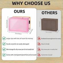 KKC Money Saving Box 10,000, Savings Box, Money Boxes With Counters For Adults And Children, Wooden Coin Bank, Cashbox, $10000 Savings Challenge Box, Reusable Cash Box With Dry Erase Marker. - 粉色 - 查看 6