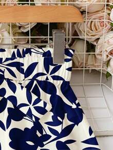 Pantalón largo de mujer con estampado geométrico floral azul y blanco con lazo en la cintura, adecuado para primavera y verano - Azul - Ver 2