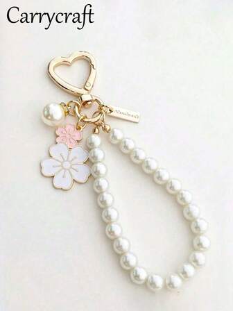 1pc Women Fashion Pearl & Cherry Blossom Decorative Keychain, DIY Elegant Faux Pearl Beads Keyring For Backpack, Earphone Case Gift Souvenir Car Accessories Bag Charm School Pearl Cute Goth Y2k