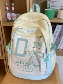 Zaino da donna alla moda, semplice e versatile, zaino bicolore, adatto per il ritorno a scuola, stile college di nicchia, fiocco nastro casual, zaino da viaggio leggero e piccolo