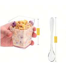 10/20/25/50/100个装 150毫升方形甜点杯，带盖 - 透明派对杯，适合户外使用，可用于盛装酸奶芭菲、冰淇淋、芝士蛋糕和迷你甜点 - 生日、婚礼、节日（圣诞节、开斋节）和庆典甜点托盘 | 节日甜点展示 - 透明 - 查看 4