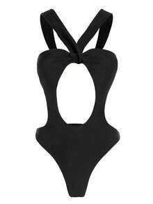 新款春夏性感优雅黑色纯色镂空连体泳衣，适合海滩、派对、约会度假等场合。 - 黑色 - 查看 2