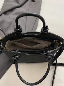 时尚编织纹理拼色水桶包，休闲日常上班通勤大容量手提包，简约百搭购物手提包，轻便斜挎包，流行时尚设计女士单肩包 - 黑色 - 查看 4