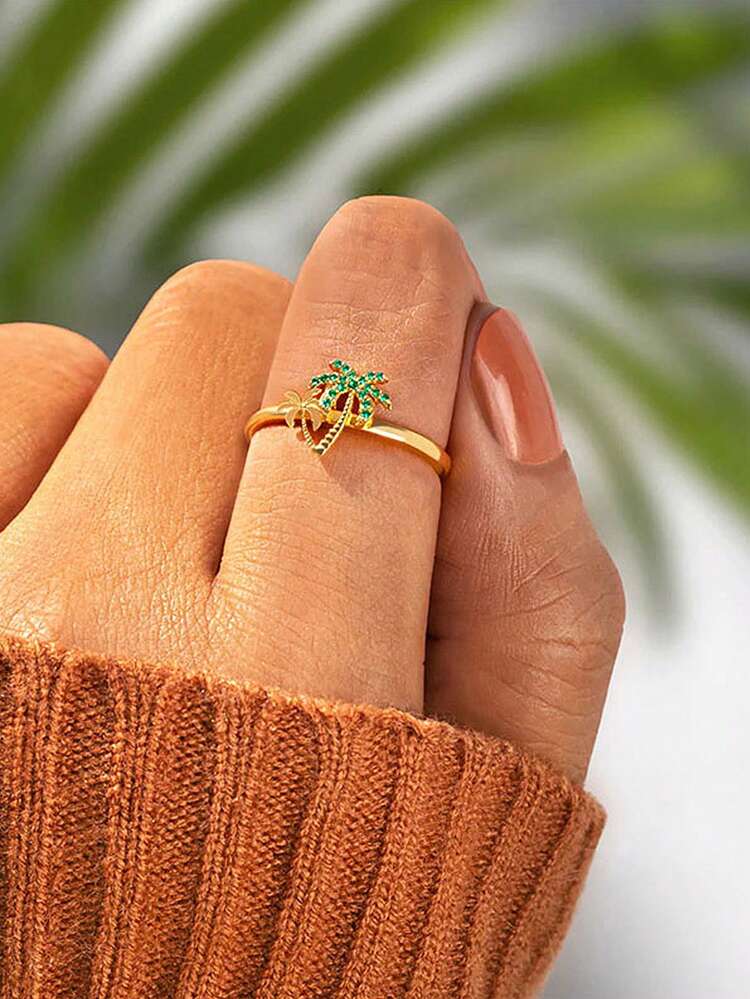 礼盒装夏季度假风格绿色方晶锆石金椰子树戒指，适合海滩装和节日礼物 - 金色 - 查看 3
