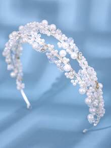 1pc Pearl Double Headband With Crown Decor Elegant And Romantic Hair Accessory For Wedding Banquet Performance Tiaras Valentine's Day Accessories - Gold - View 1