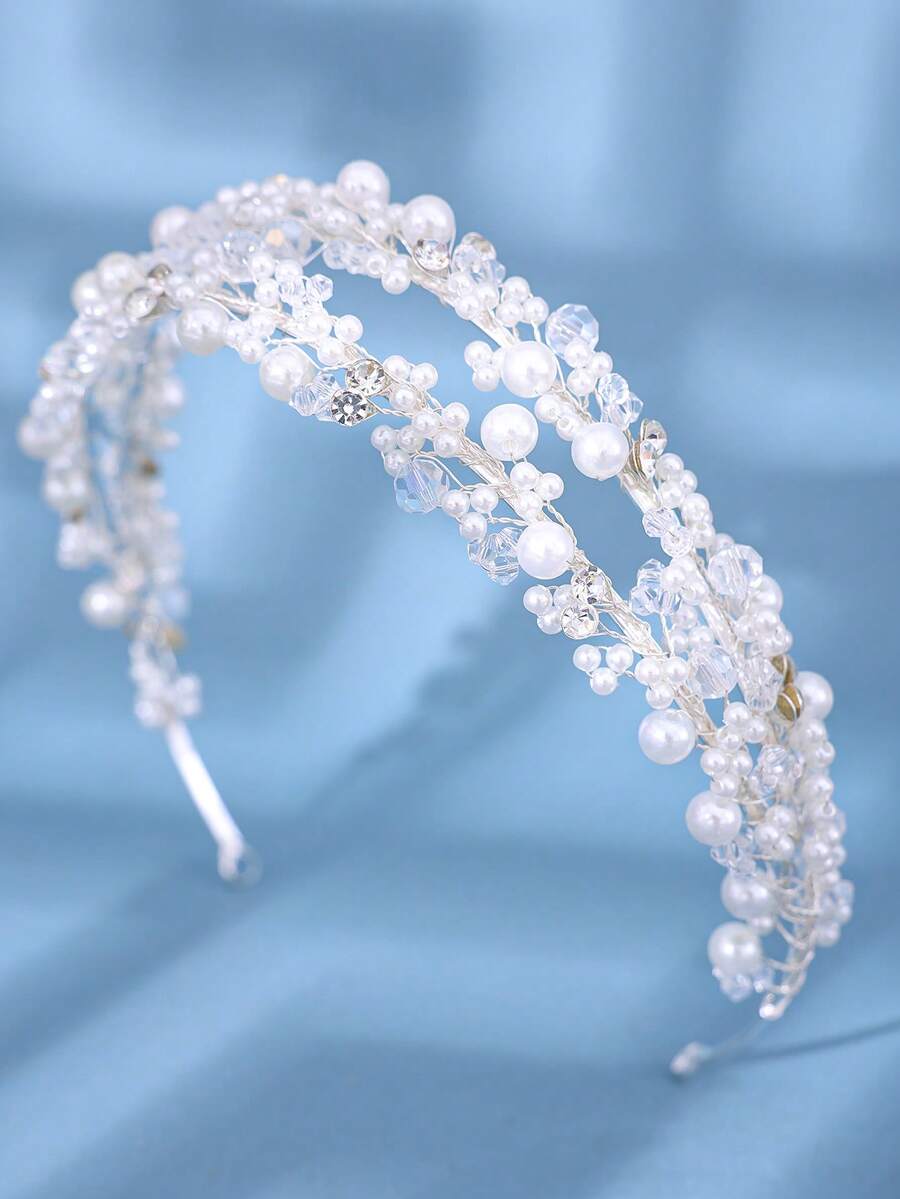 1pc Pearl Double Headband With Crown Decor Elegant And Romantic Hair Accessory For Wedding Banquet Performance Tiaras Valentine's Day Accessories - Gold - View 1