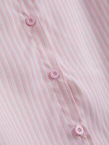 Women's Solid Color Pocket Embroidery Button Casual Shirt - Pink - View 5