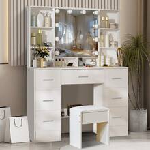 Tocador con espejo y taburete, 10 luces LED y apertura automática - Perfect For Organizing Makeup, Skincare, Elegant Vanity|Decorative Vanity, Vanity Furniture, Compact For Small Space, Bedroom Decor Gift, Perfect Gift For Women Girls , Ideal para regalos de Navidad y Halloween. - Blanco - Ver 3