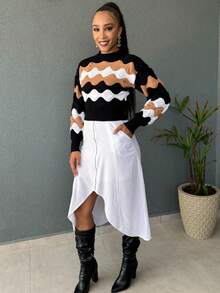 Striped Cropped Top Knitted Modal Office Daily Home Travel - Black With New Beige - View 3