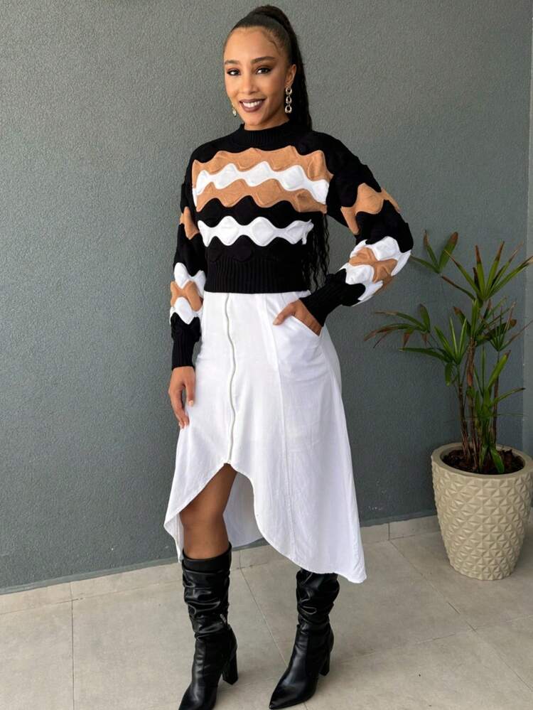 Striped Cropped Top Knitted Modal Office Daily Home Travel - 黑色與新米色 - 查看 3