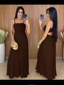 Straight Pleated Dress - Cà phê nâu - Xem 2