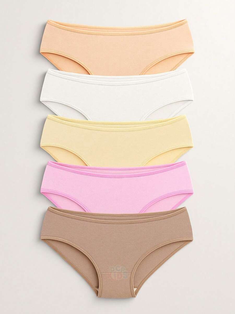Kit Of 5 Girls' Cotton Panties, Plain Cotton Youth Panties - 彩色 - 查看 1
