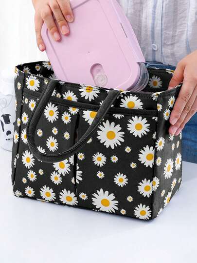 1pc New Fresh Japanese Style Daisy Handbag, Cute Cherry Print Lunch Bag, Multi-Functional Insulated Cooler Bag, Fashion Bento Box Bag For School And Office, Great Gift For Friends Lunch Bag For Women Lunch Box For School