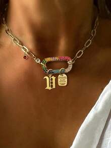 1 pieza Collar con letras A-Z 26 de STYLEVER en color dorado, cadena con colgante ovalado de diamante de colores y cuentas doradas, cadena de acero inoxidable, estilo único y elegante - Dorado - Ver 26