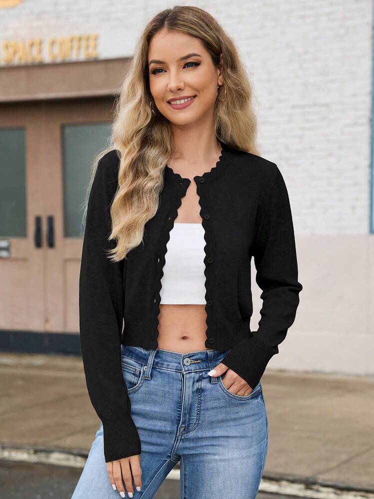 Cropped Sweaters For Women Long Sleeve Button Down Sweater,Fall - Black - View 2