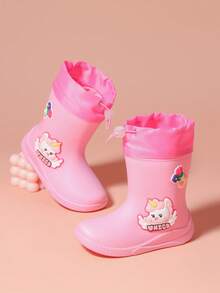 2025 New Children's Mid-Calf Rain Boots, Thick Warm Durable Rubber Boots, Cute Cartoon Drawstring Design, Waterproof, High-End Rubber Shoes, Girls Elementary School Students Minimalist Mid-Calf Rain Boots, Sturdy Construction