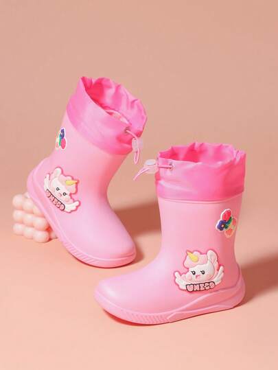 2025 New Children's Mid-Calf Rain Boots, Thick Warm Durable Rubber Boots, Cute Cartoon Drawstring Design, Waterproof, High-End Rubber Shoes, Girls Elementary School Students Minimalist Mid-Calf Rain Boots, Sturdy Construction