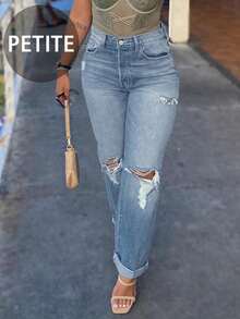 Retro Distressed Straight Leg Loose Wide Leg Jeans For Petite Women, Casual Street Style, All Season - Light Wash - View 6