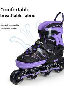 一套 FREE STAR 运动软皮 PU 直排轮滑鞋，带闪光轮，适合初学者，尺码可调节，包含头盔、护肘、护膝、手套，时尚户外专业运动鞋 - 紫色 - 查看 5