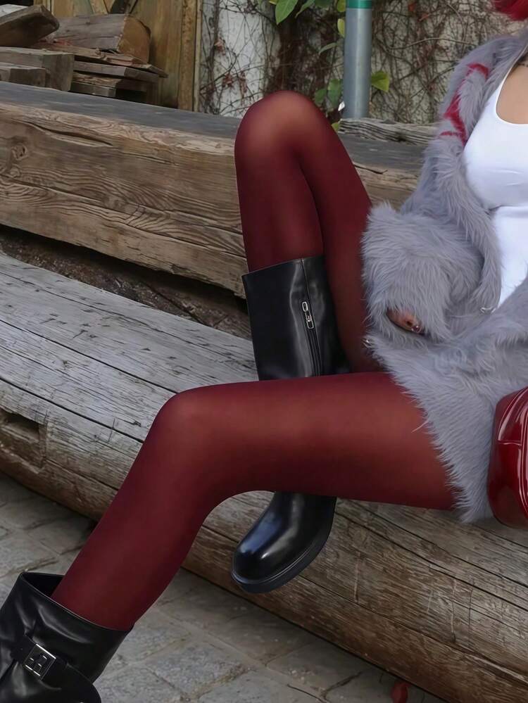 1 Pair Plus Size Women's Extra Soft Solid Color Semi-Sheer Pantyhose, Nylon High Waist Long Socks - Burgundy - View 2