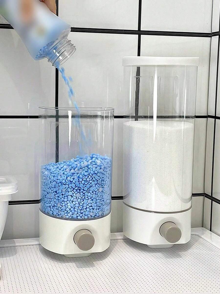 1pc Odorless Clear Plastic Laundry Gel Bead Dispenser - Push To Open, Moisture Resistant Hole-Free Home Storage Container, Laundry Fragrance Bead Organizer, Large Capacity Sealed Dispenser With Measuring Cups For Detergents, Dryer Sheets, Bath & Shower Products And Personal Care Products, Efficiently Organize Laundry Room, Bathroom Storage
