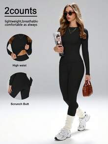 FWH 修身轮廓，百搭款式 - 经典圆领 + 光滑长袖，提臀腰带，协调套装，#AthleisureEssentials #GymToStreet，高腰健身套装，收腹瑜伽服，修身运动服，修身高腰收腹瑜伽服，女士基本两件套健身套装 - 黑色 - 查看 1