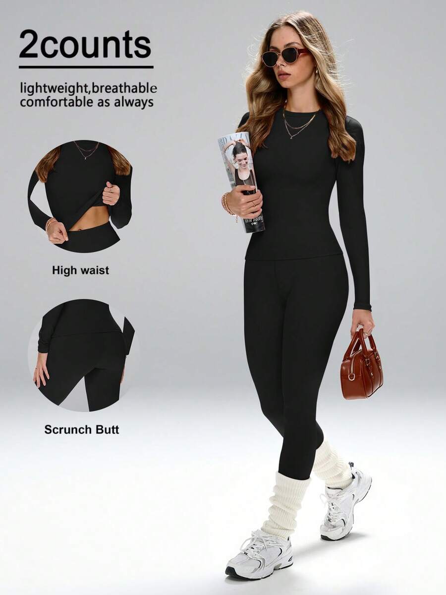 FWH 修身轮廓，百搭款式 - 经典圆领 + 光滑长袖，提臀腰带，协调套装，#AthleisureEssentials #GymToStreet，高腰健身套装，收腹瑜伽服，修身运动服，修身高腰收腹瑜伽服，女士基本两件套健身套装 - 黑色 - 查看 1