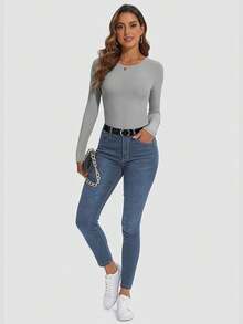 Womens Long Sleeve Crewneck Ribbed Tops Fall Fitted Stretch Casual Basic Shirts 2025 - A-grey - View 4