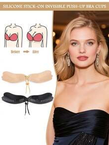 2 Pairs Women's Strapless Sticky Bra Backless Self Adhesive Invisible Bras Lift Silicone Strong Stickiness Wedding Push UP Bras For Backless Wireless Evening Dresses - 黑色+黑色 - 查看 5