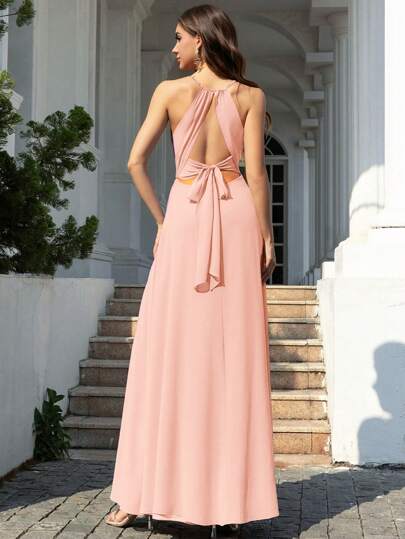 Volly Toych Baby-rosa elegantes A-Linien Plissee-Chiffon Abendkleid für Brautjungfern, Hochzeitsgast Kleid, Maxikleider für den Urlaub