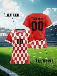 2025 Customized Sports Jersey, Summer Outdoor Sports Singlet Short Sleeve, Women's Sports Team Club Training Jersey Top With Front & Back Printed Name & Number, Breathable Quick-Dry Casual Everyday Wear, Party Outfit, Comfortable Fit, Red & White Contrast Color