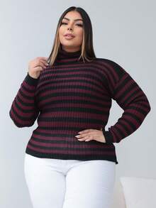 Cacharrel Plus Size Blouse With Stripes, High Neck, Ribbed, Second Skin - 紅木色 - 查看 3