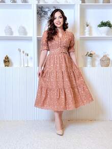 Women's Midi Dress With Belt And Lined Buttons, High Neck, Embroidered Layse, Covered Back, Modest Evangelical Christian Fashion - MM Modas Oficial - Terracota - Ver 1