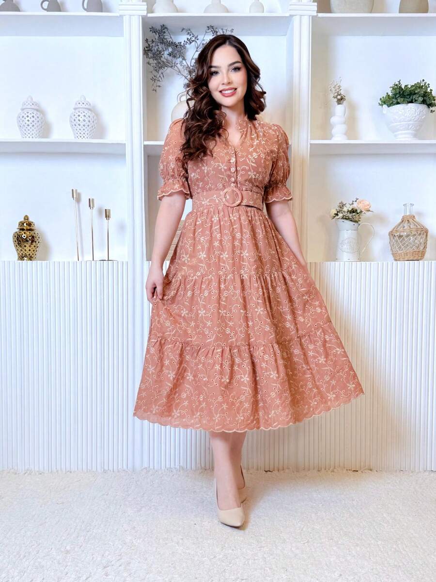 Women's Midi Dress With Belt And Lined Buttons, High Neck, Embroidered Layse, Covered Back, Modest Evangelical Christian Fashion - MM Modas Oficial - Terracota - Ver 1