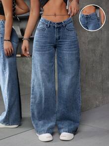 百搭休闲时尚春秋休闲优雅牛仔学院风度假日常旅行机场女式蓝色直筒牛仔裤 - 深色水洗藍 - 查看 1