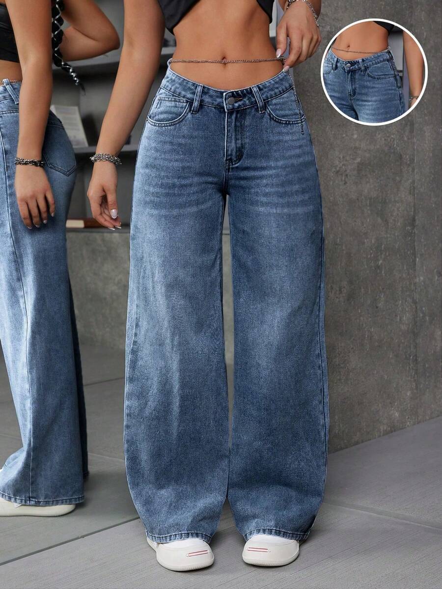 百搭休闲时尚春秋休闲优雅牛仔学院风度假日常旅行机场女式蓝色直筒牛仔裤 - 深色水洗藍 - 查看 1