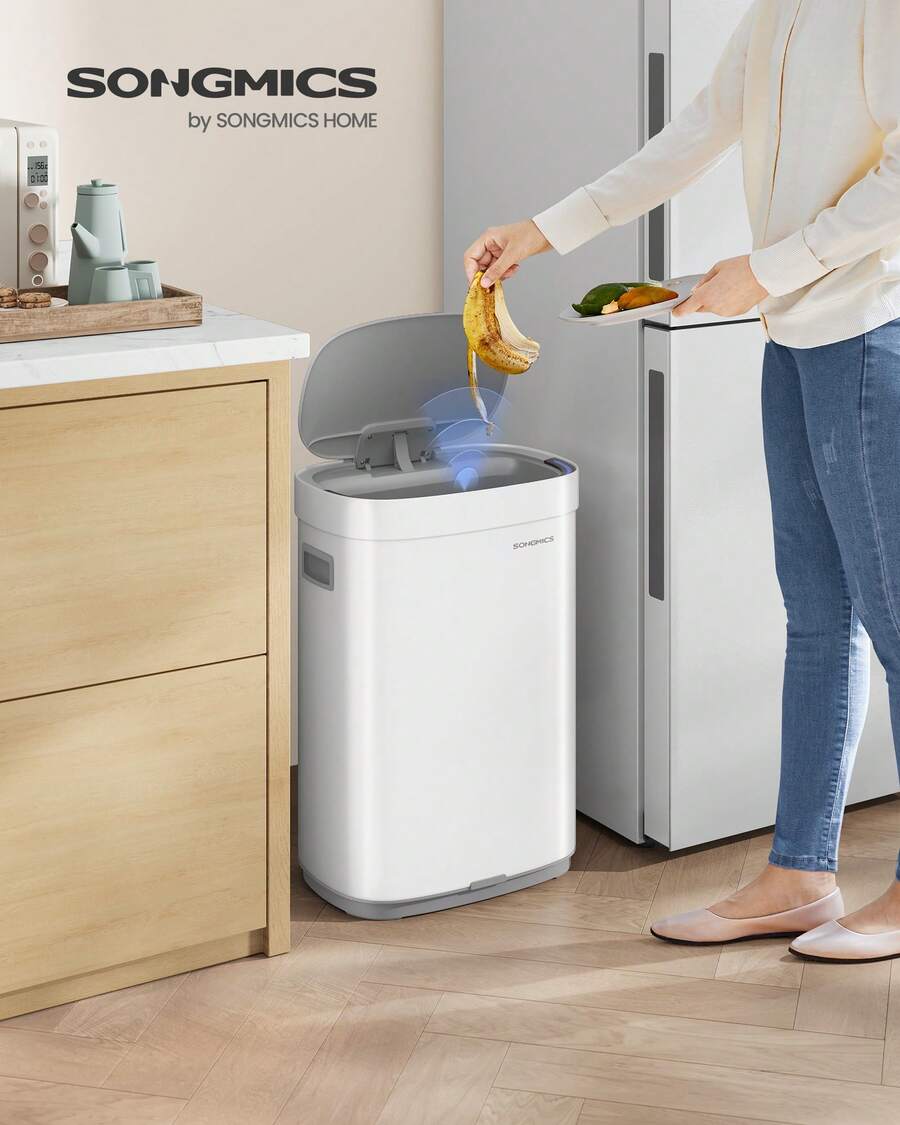 SONGMICS Kitchen Trash Can, 17.2-Gallon Motion Sensor Garbage Can, Stainless Steel Trash Bin With Ozone Odor Control, Stay-Open Feature - White - View 1