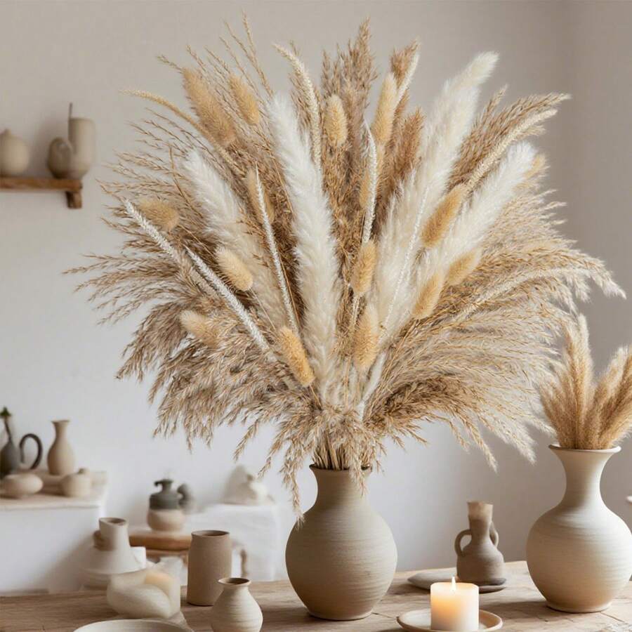 Extra Large Dried Floral Bouquet 119PCS/362PCS/653PCS Bundle - Abundant Pampas Grass & Plush Bunny Tails - Timeless Beige Ivory White Palette - Hassle-Free Forever Flowers For Vases - Ultimate No Fuss Decor - Versatile For Scandinavian Minimalist, Boho, Or Contemporary Interiors - Brightens Bedrooms, Offices, Cafes, Weddings, Porches & Makes A Stunning Present - 米色 - 查看 1