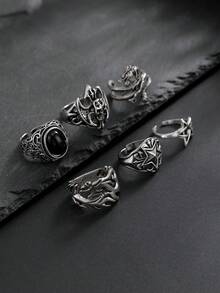 6 件朋克风格骷髅和星星设计戒指套装，适合男士日常休闲佩戴 - 復古銀色 - 查看 4