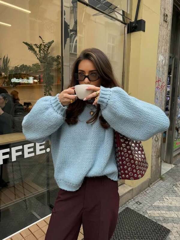 Jersey de punto azul bebé de cuello redondo y manga larga para mujer, de temporada otoño-invierno, jumper suelto y casual, versátil, con hombros caídos