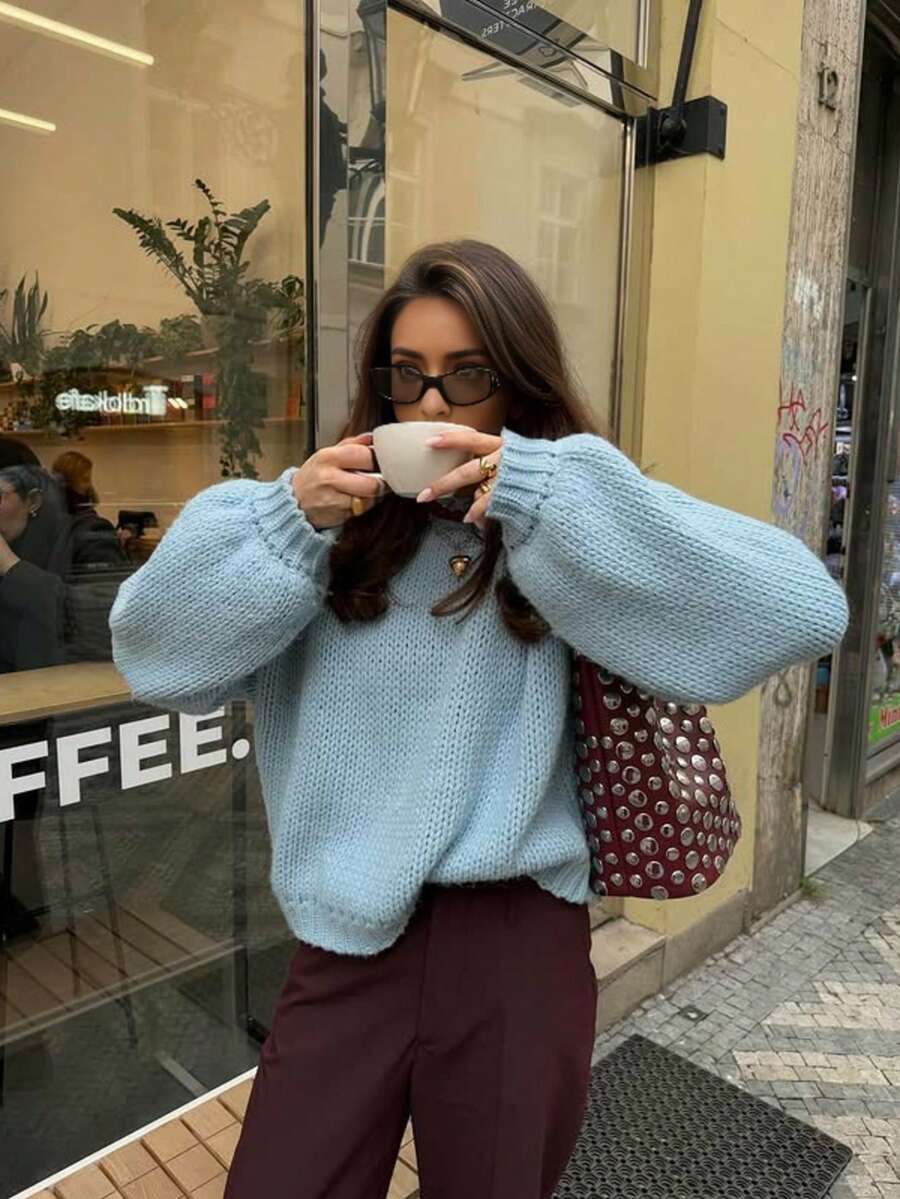 Senya 女士秋冬季浅蓝色圆领长袖针织衫，宽松休闲百搭落肩套头毛衣，女士冬季毛衣，新年 - 藍色 - 查看 1