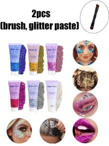 2pcs Chameleon Gold Body Glitter,Mardi Gras Outfit For Women,Color Changing Face Glitter,Chunky Glitter Face Paint,Holographic Glitter Sequins For Face Body Hair,Send A Makeup Brush As A Gift,Festival Party Glitter Makeup Festival Costume Props,Cos,Halloween - Multicolor - View 3