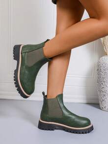 Women's Fashionable 2024 Autumn/Winter Green Chelsea Ankle Boots, Women's Elegant Low Heel Faux Leather Princess Boots, Solid Color Fashionable Retro Elegant Casual Outdoor Festival